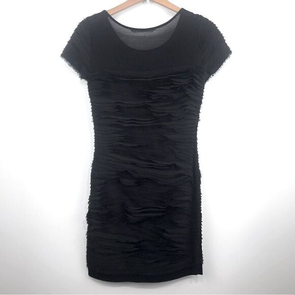 Diane Von Furstenberg Black Chiffon Tiered Ruffle Short Sleeve Stretch Dress - Picture 3 of 10